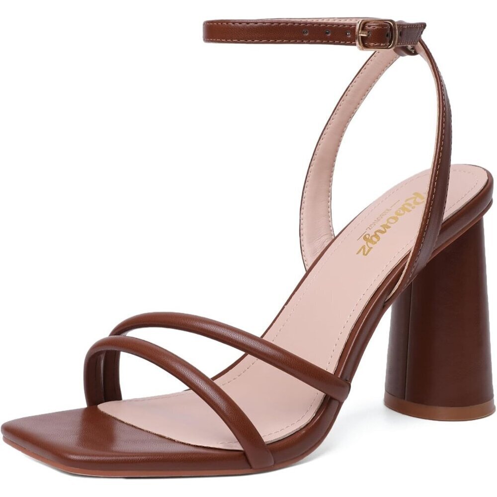 Women's Brown Square Open Toe Strappy Ankle Strap Block Heeled Sandals Shoes
